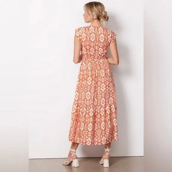 Evereve BB Dakota Emersyn Tiered Midi Dress XS Deep V-Neck Batik Cotton Spring - Picture 4 of 16